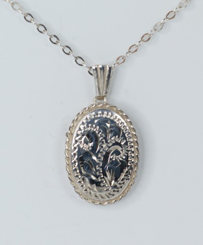 Sterling SIlver Engraved Oval Locket and Chain